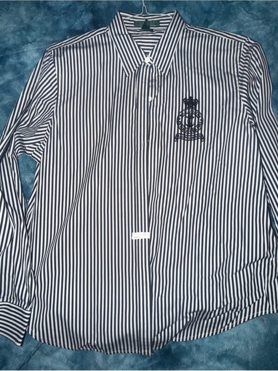 Ralph Lauren Tops - Women’s Ralph Lauren Black and White Striped Button-Down Shirt with Crest